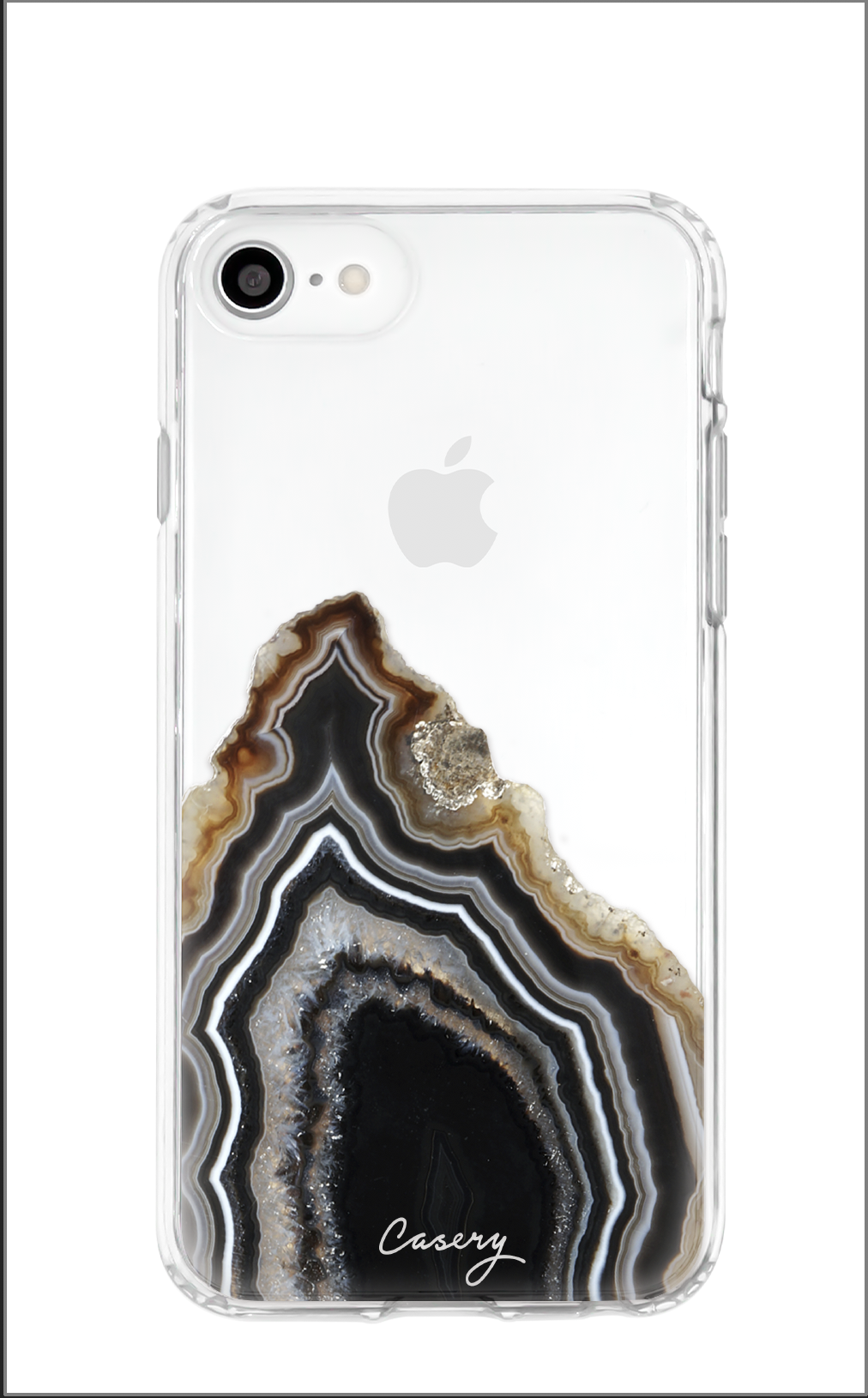 Clear Casery phone case with black and white agate pattern on a white iPhone